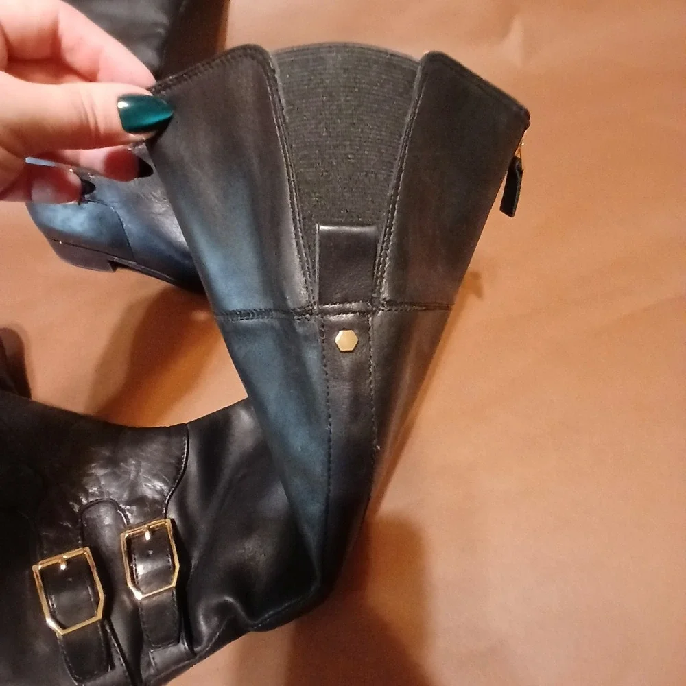 Franco Sarto women's 9 Black Zip Up Brass Buckle Leather Knee High Boots